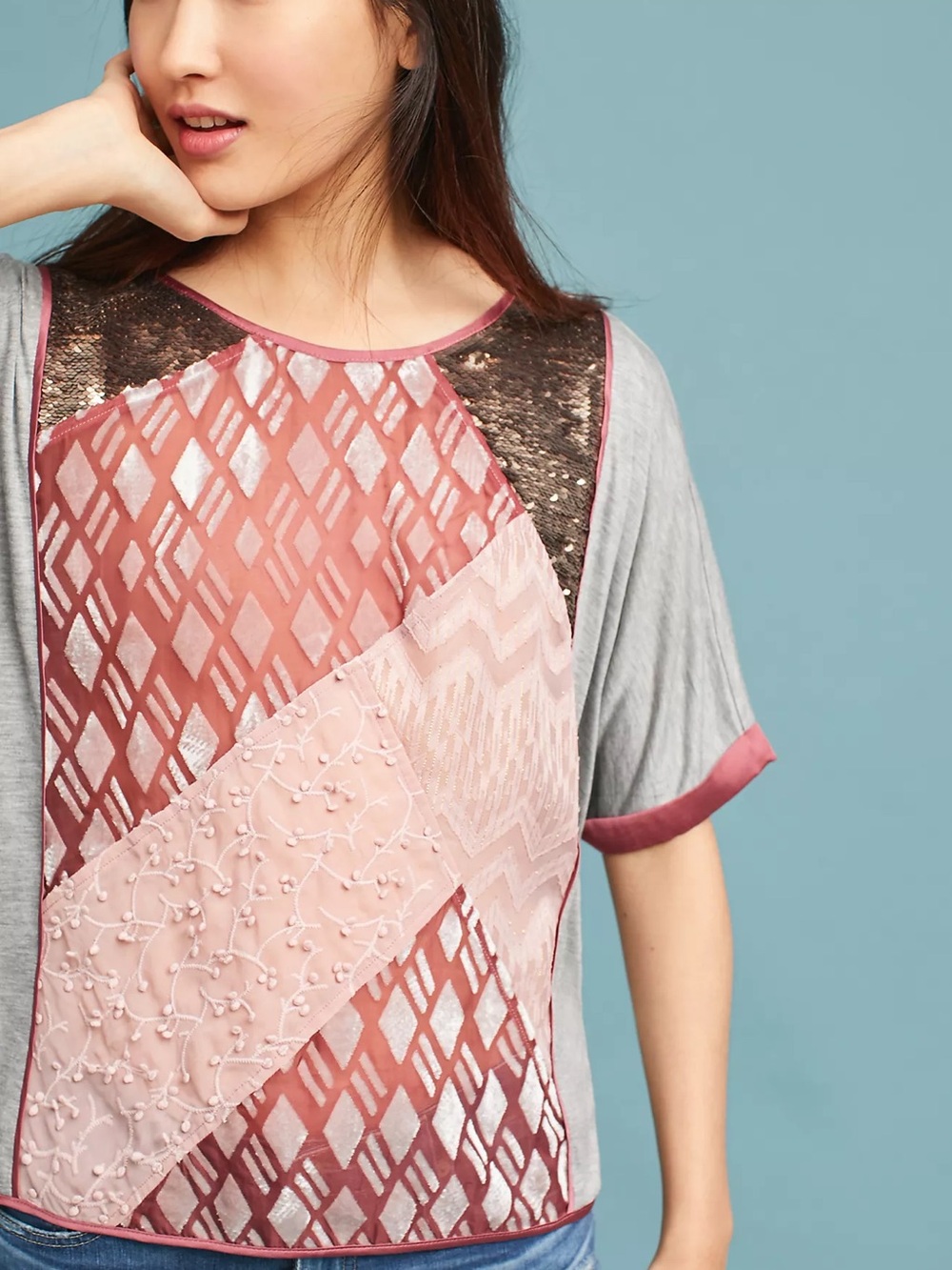 Anthropologie Velvet Patchwork Tee by Tiny -size XS (oversized) -mixed media top - Picture 2 of 16